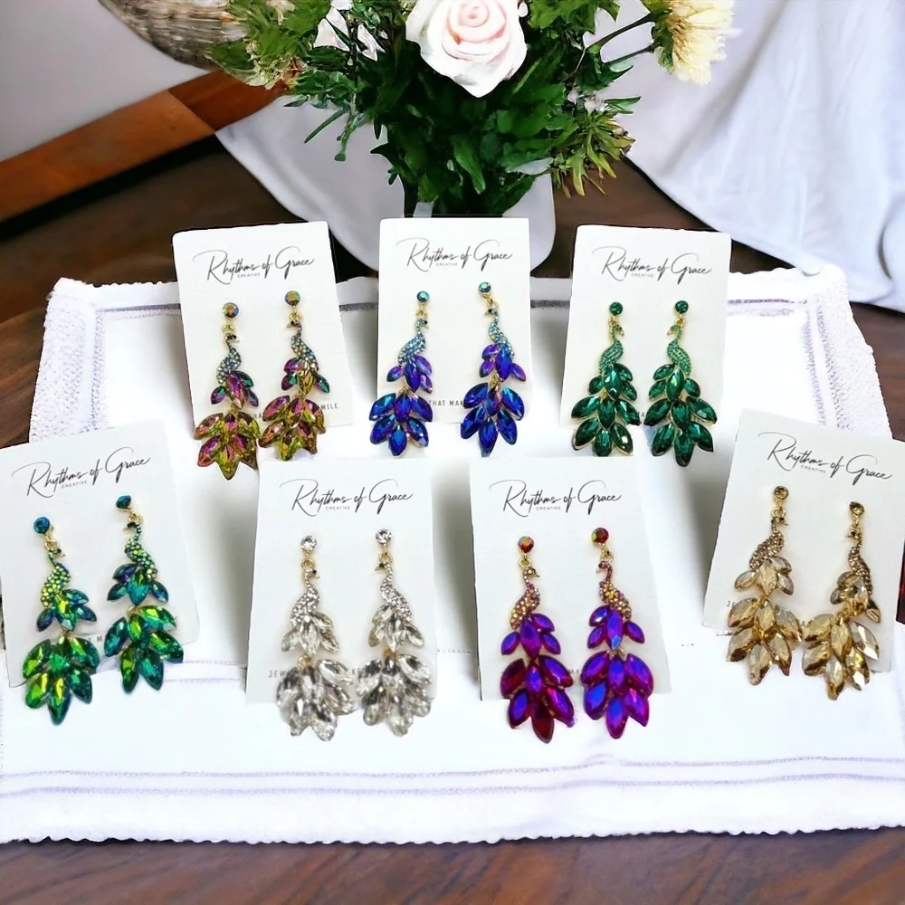 Peacock Statement Dangle Earrings Sparkly Rhinestone Glam I NWT